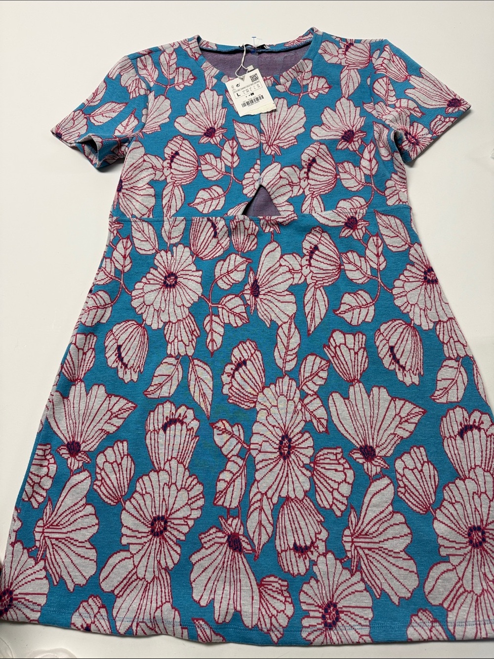 Zara Blue Floral Knit Dress with Pink Flowers